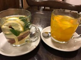 fruit and and herbal teas in glass mugs